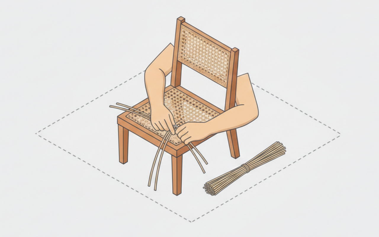 Craftsman weaving cane by hand