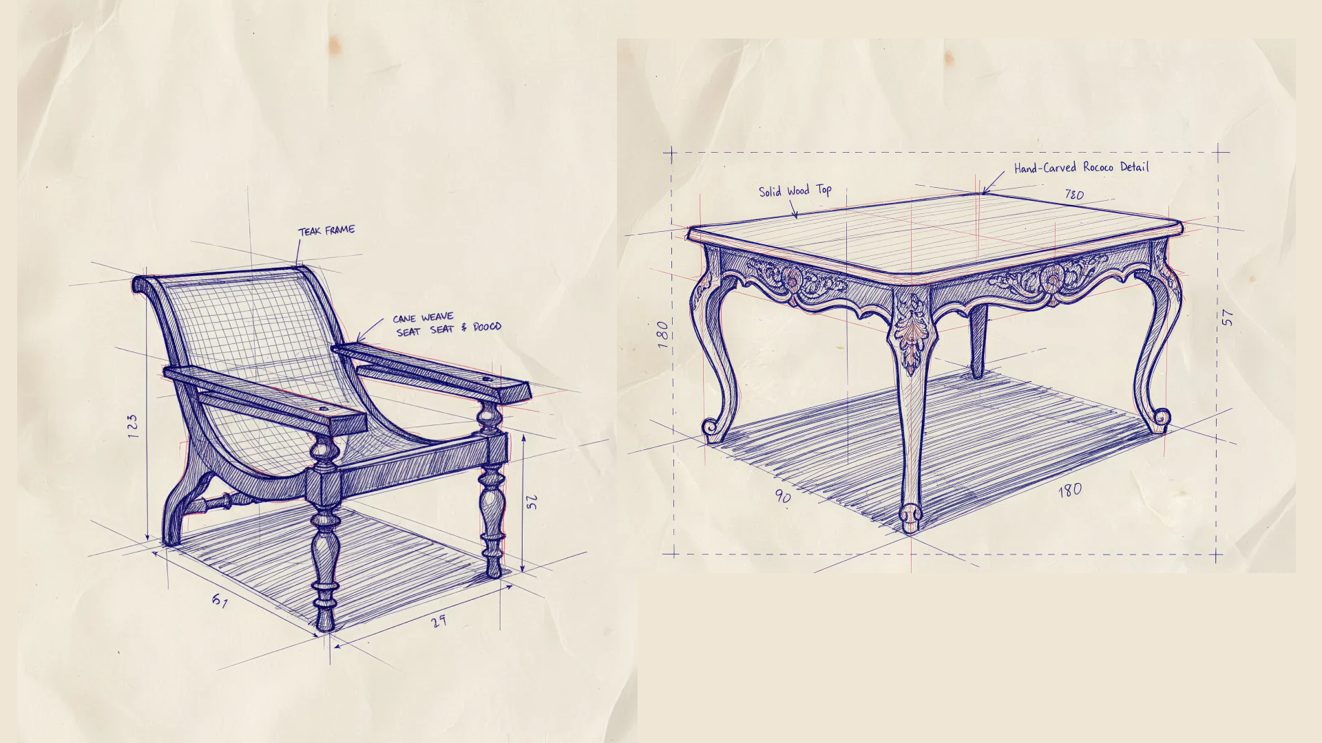 Hand-drawn design sketches of a cane-work lounge chair and carved teak table with dimensions and material notes